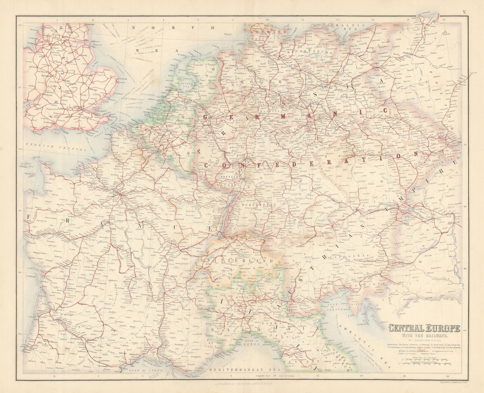 Central Europe with railways. North German Confederation. FULLARTON c1863 map